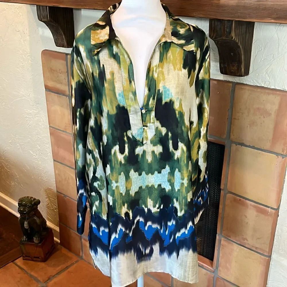 Zara blue and green watercolor satin tunic top, M!